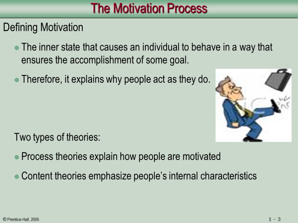 The Motivation Process Defining Motivation The inner state that causes an individual to behave